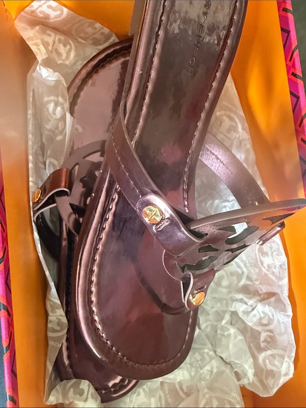 Tory Burch Metallic Brown Logo Cutout Sandal